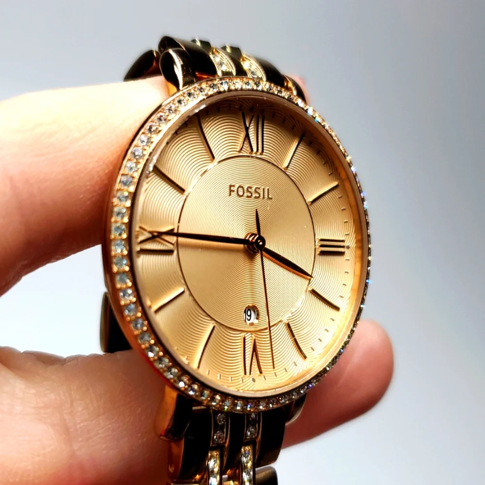 Fossil Watch ES-3546 Rose Gold Wristband Large Face Crystal Bling